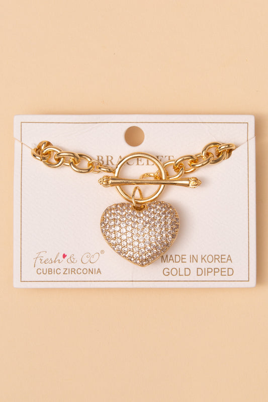 Samantha Cubic Zirconia Pavé Heart Charm Toggle Chain Bracelet | Gold