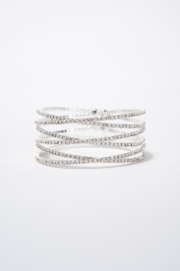 Leslie Criss Cross Crystal Rhinestone Cuff Bracelet - Silver