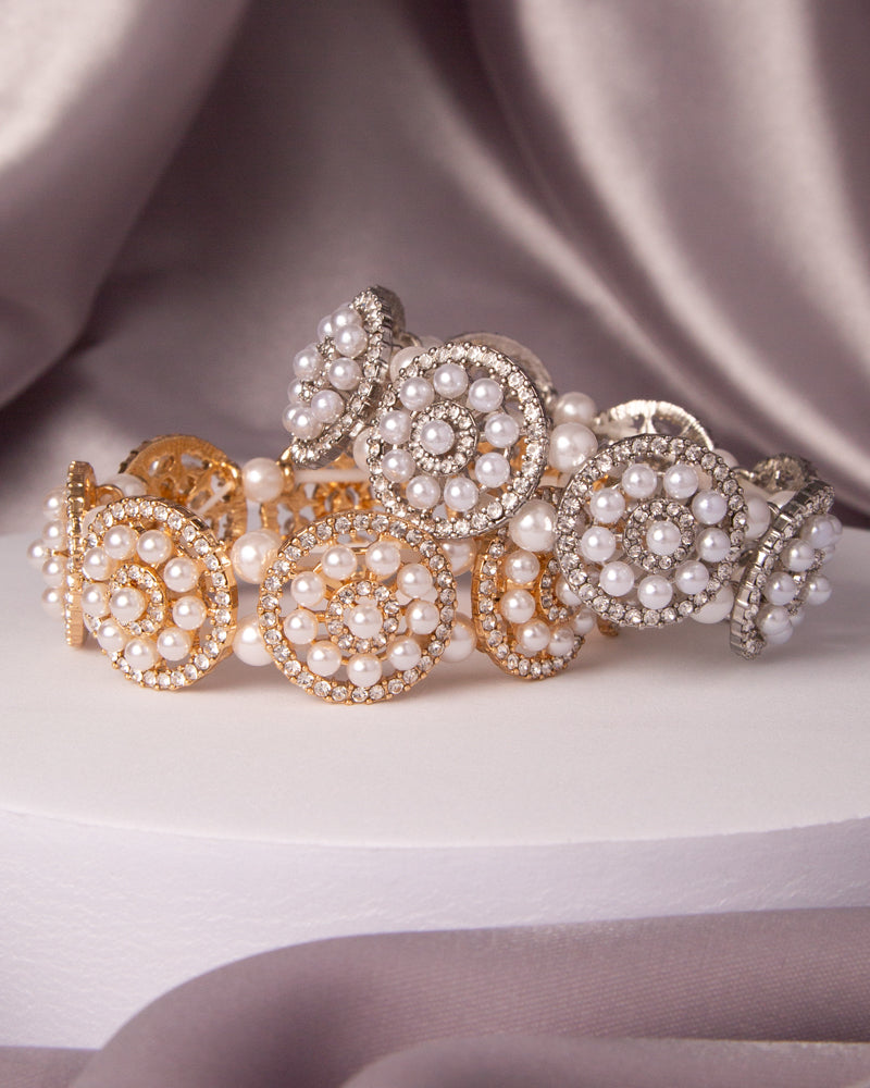 Teresa Crystal Rhinestone and Pearl Disc Stretch Bracelet