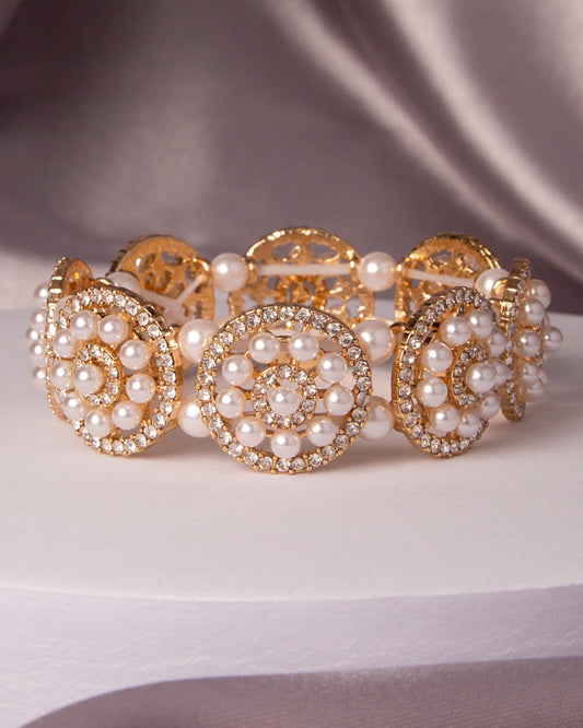 Teresa Crystal Rhinestone and Pearl Disc Stretch Bracelet | Gold