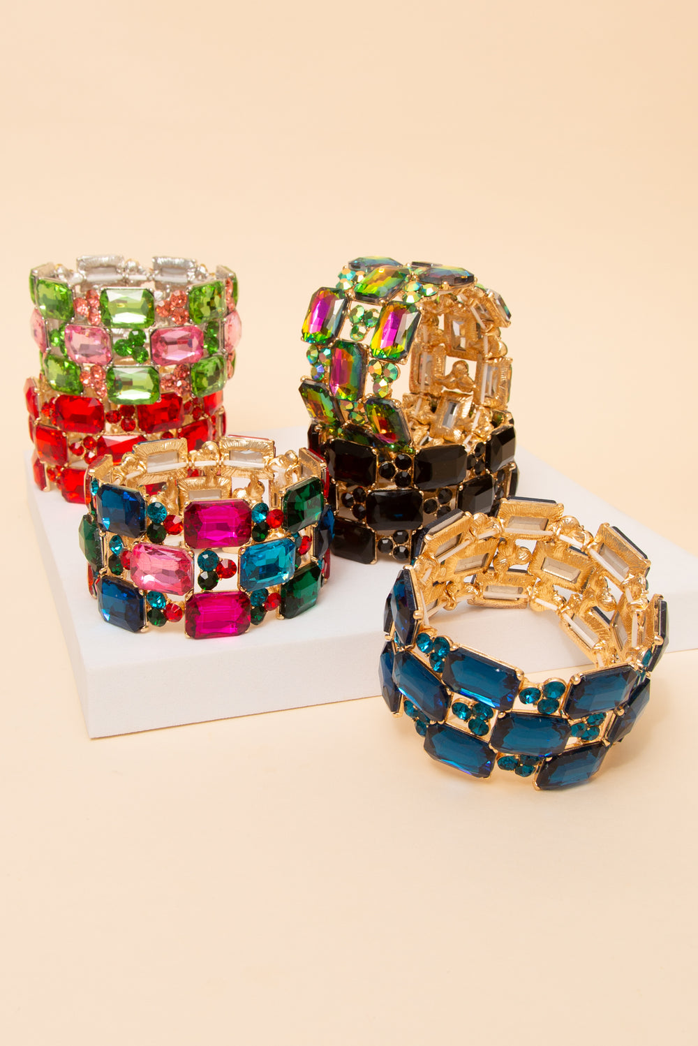 Camila 3-Row Rectangle Cut Crystal Gem Cluster Bracelet