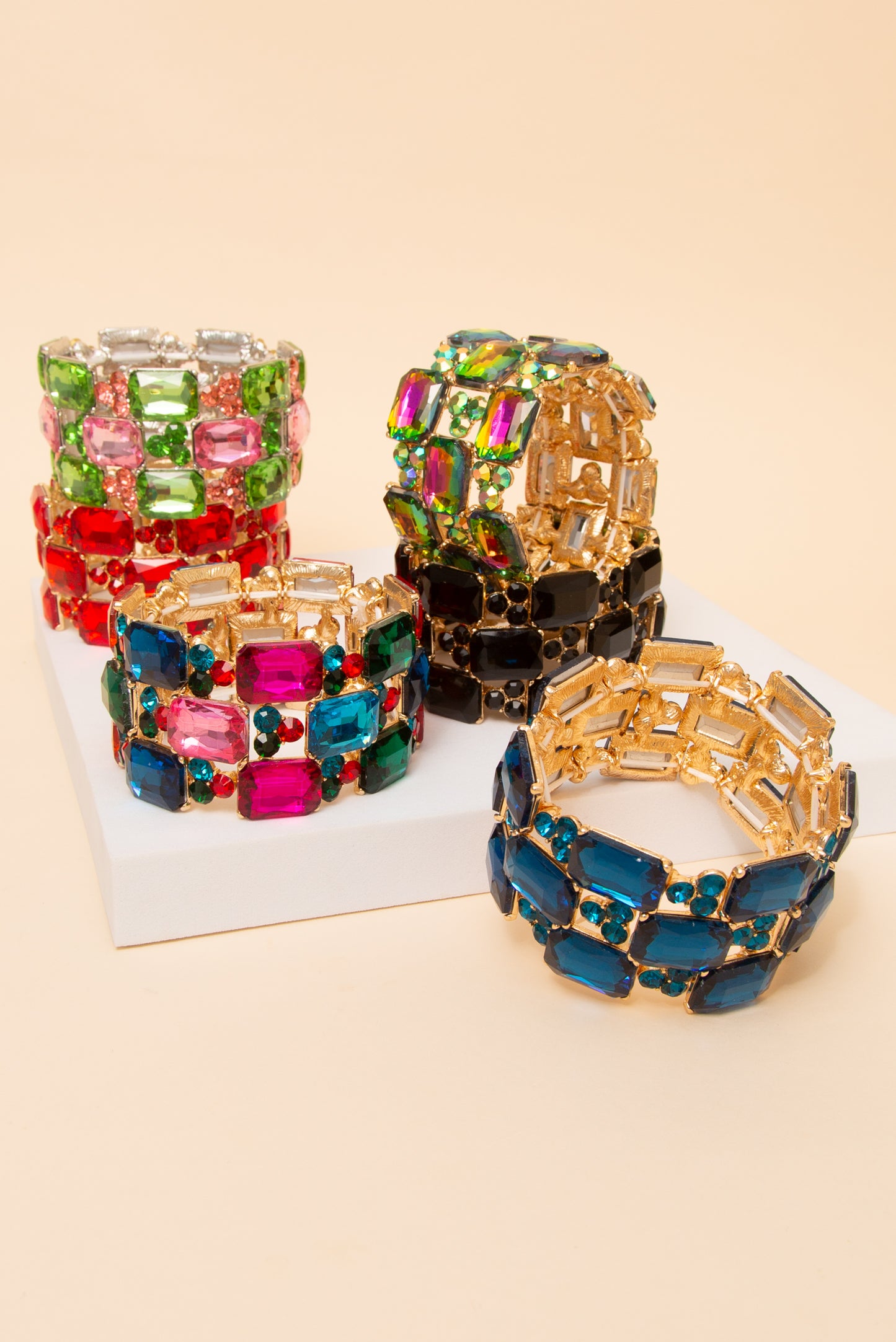 Camila 3-Row Rectangle Cut Crystal Gem Cluster Bracelet