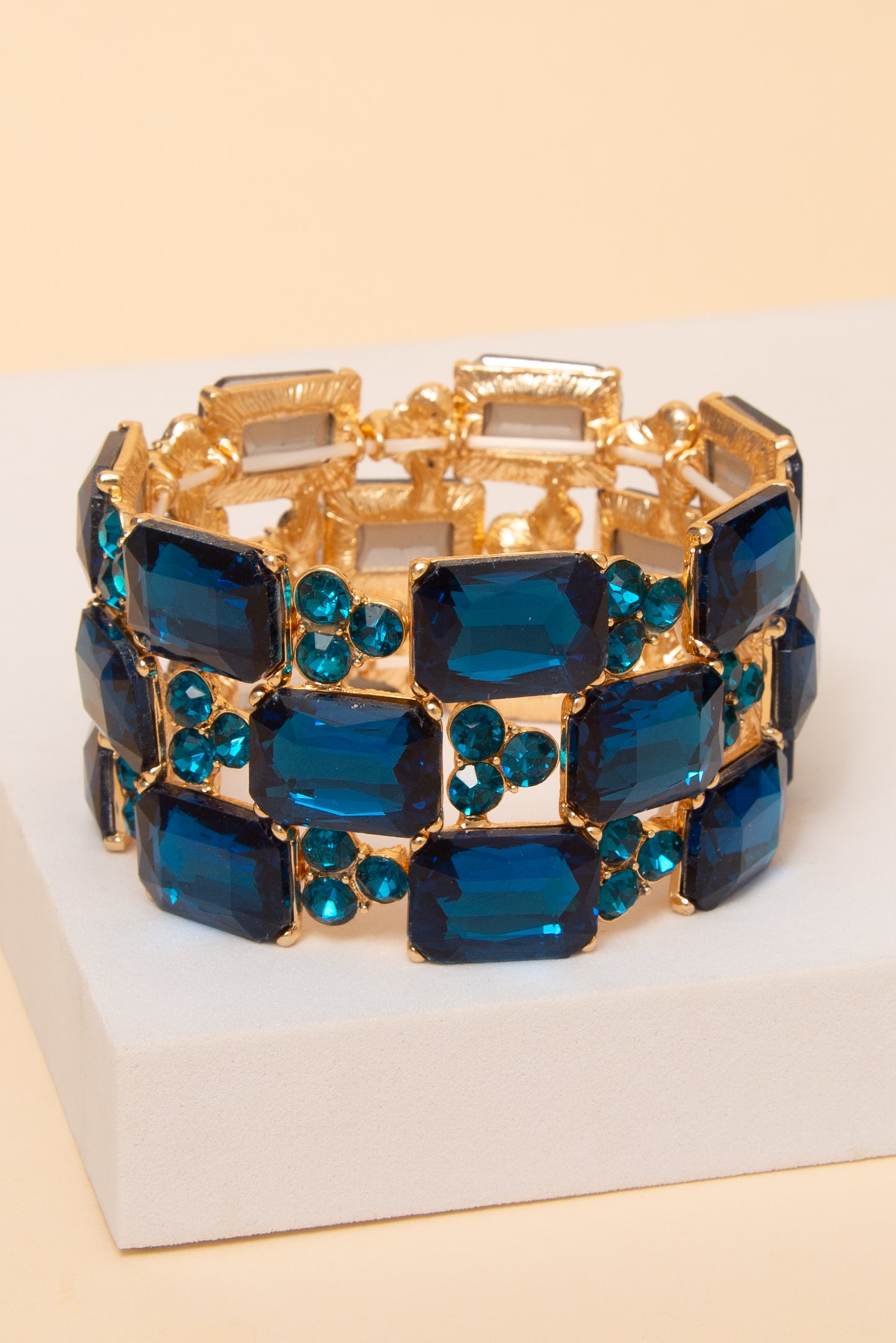 Camila 3-Row Rectangle Cut Crystal Gem Cluster Bracelet | Blue