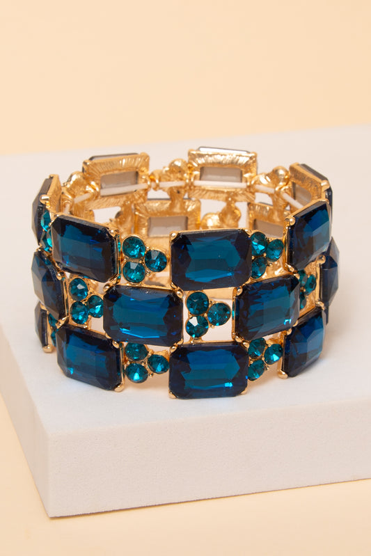 Camila 3-Row Rectangle Cut Crystal Gem Cluster Bracelet | Blue