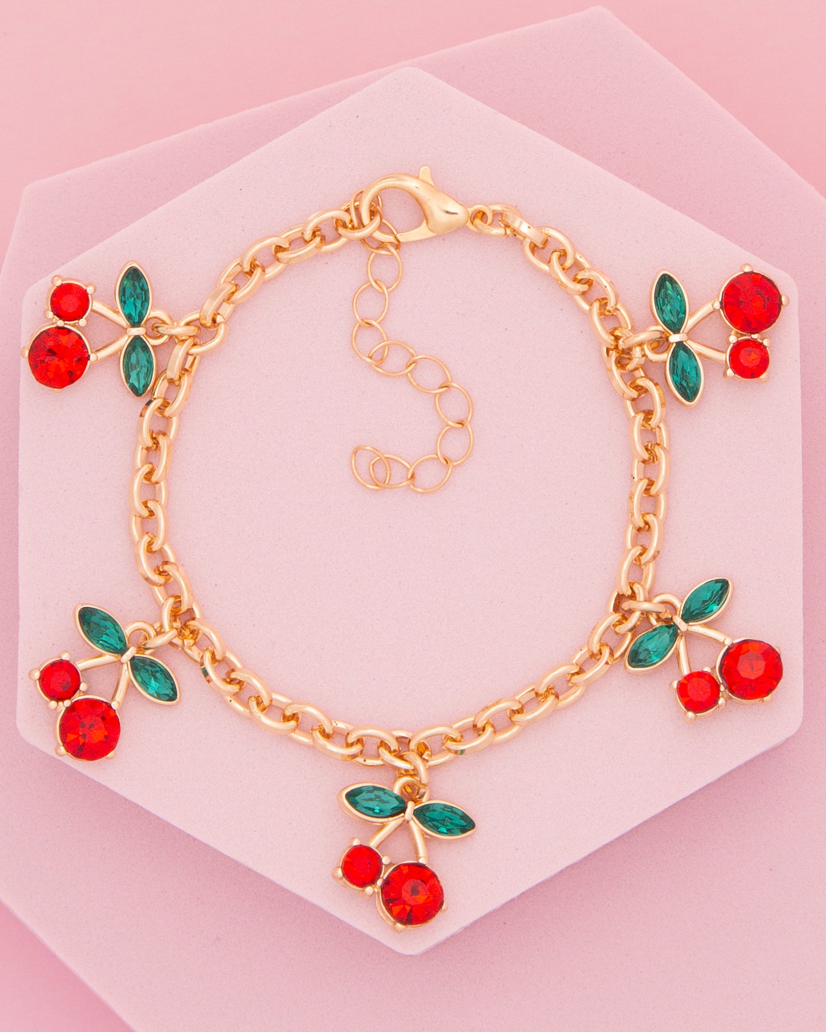 Ashley Red and Green Crystal Embellished Cherry Charm Bracelet