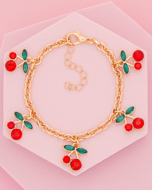Ashley Red and Green Crystal Embellished Cherry Charm Bracelet
