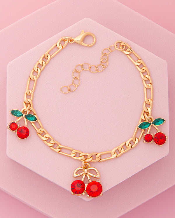 Samantha Crystal Embellished Red Cherry Charm Bracelet with Chain