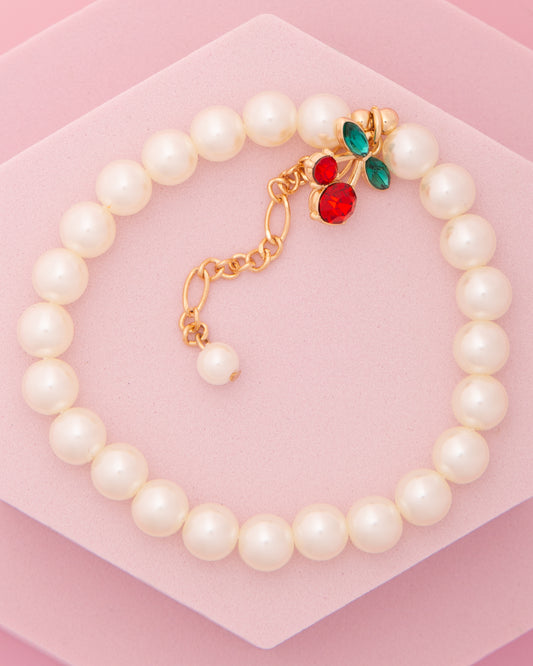 Catalina Crystal Embellished Red Cherry Charm Pearl Bracelet
