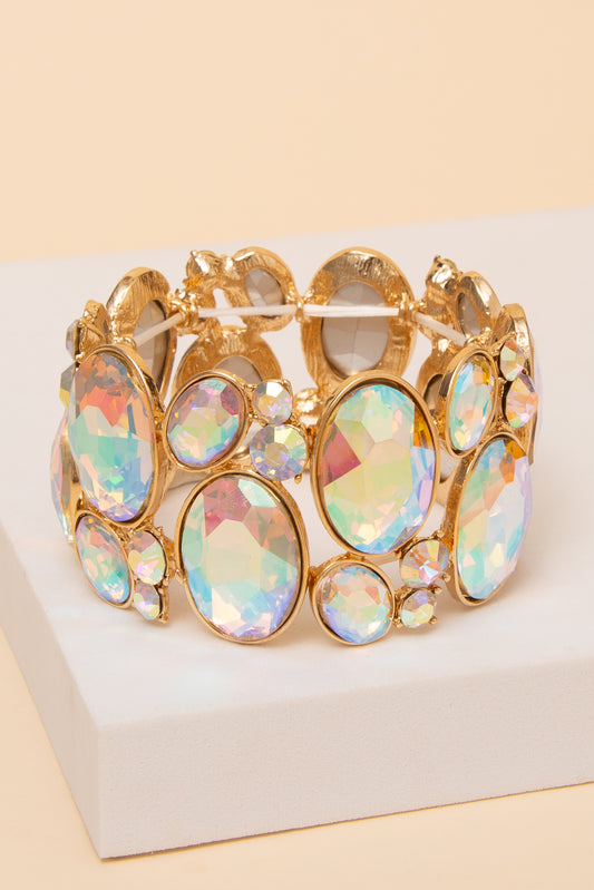 Charlotte Varied Oval & Circle Rhinestone Cluster Stretch Bracelet | Iridescent