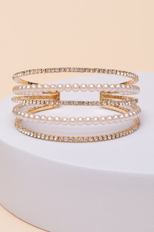 Josephine Multi-Row Crystal & Pearl Cuff Bracelet | Gold