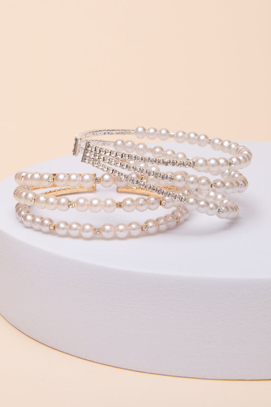 Hannah Multi-Row Pearl & Crystal Cuff Bracelet