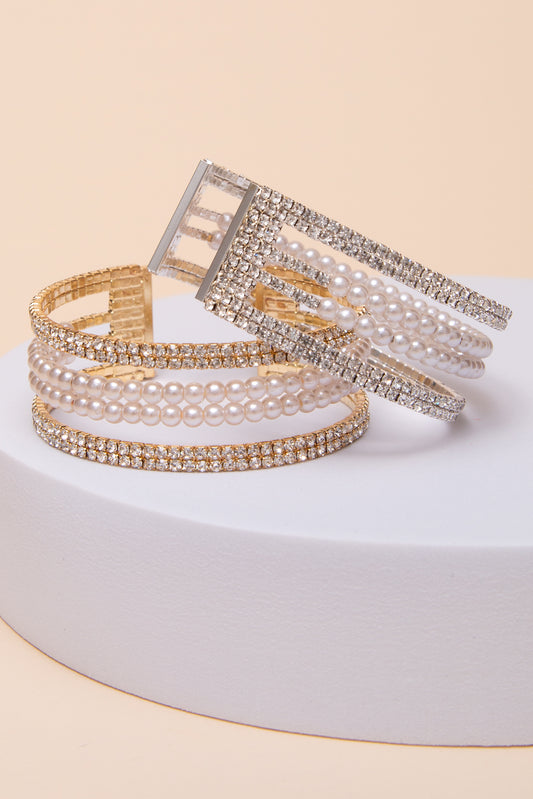 Lillian Multi-Row Crystal & Pearl Inlay Cuff Bracelet