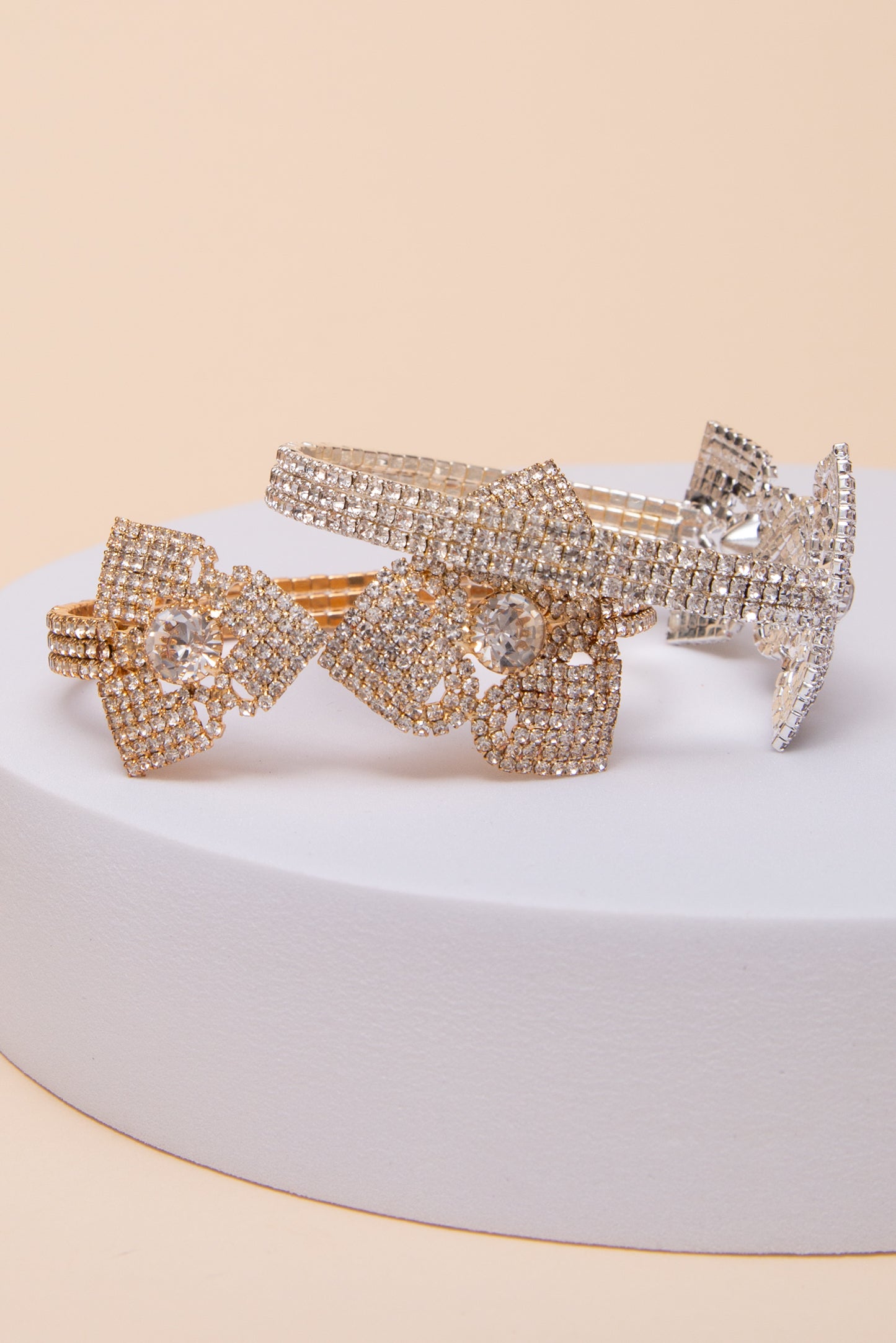 Ruby Crystal Rhinestone Pavé Cuff Bracelet with Bow Tie Design