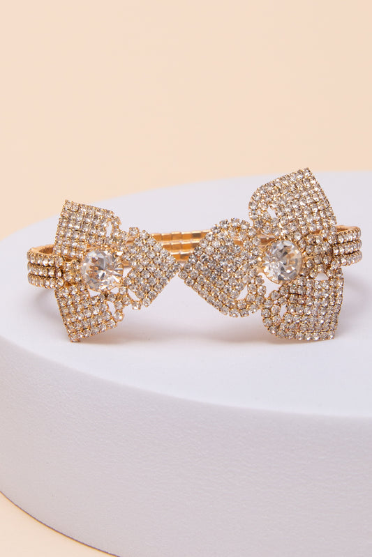 Ruby Crystal Rhinestone Pavé Cuff Bracelet with Bow Tie Design | Gold
