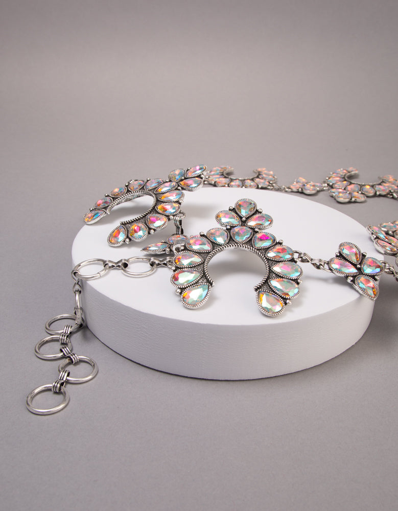 Emily Western Crystal Stone Pave Squash Blossom Chain Link Belt
