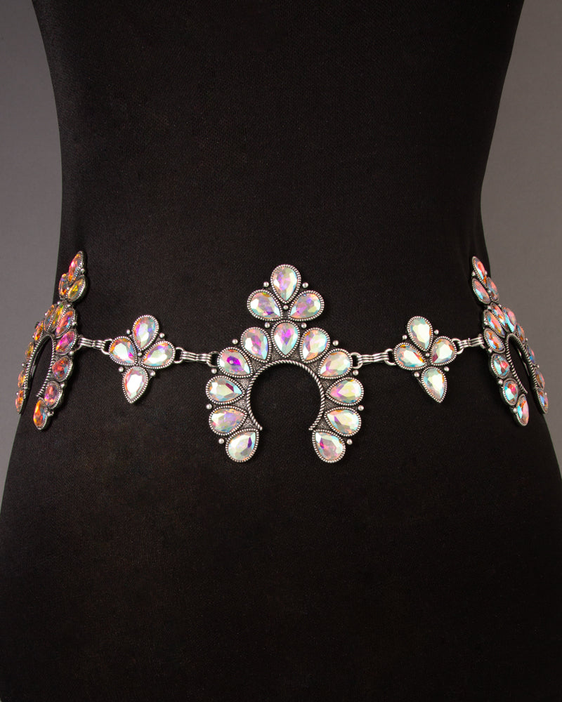 Emily Western Crystal Stone Pave Squash Blossom Chain Link Belt