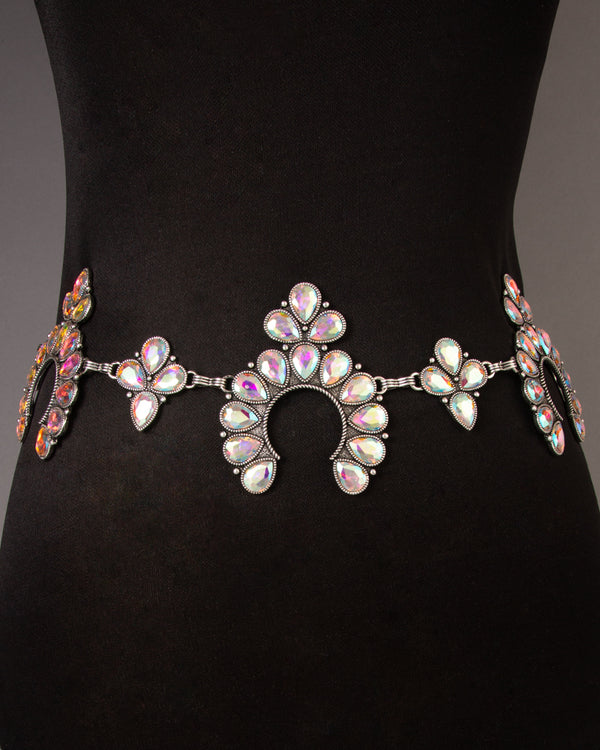 Emily Western Crystal Stone Pave Squash Blossom Chain Link Belt