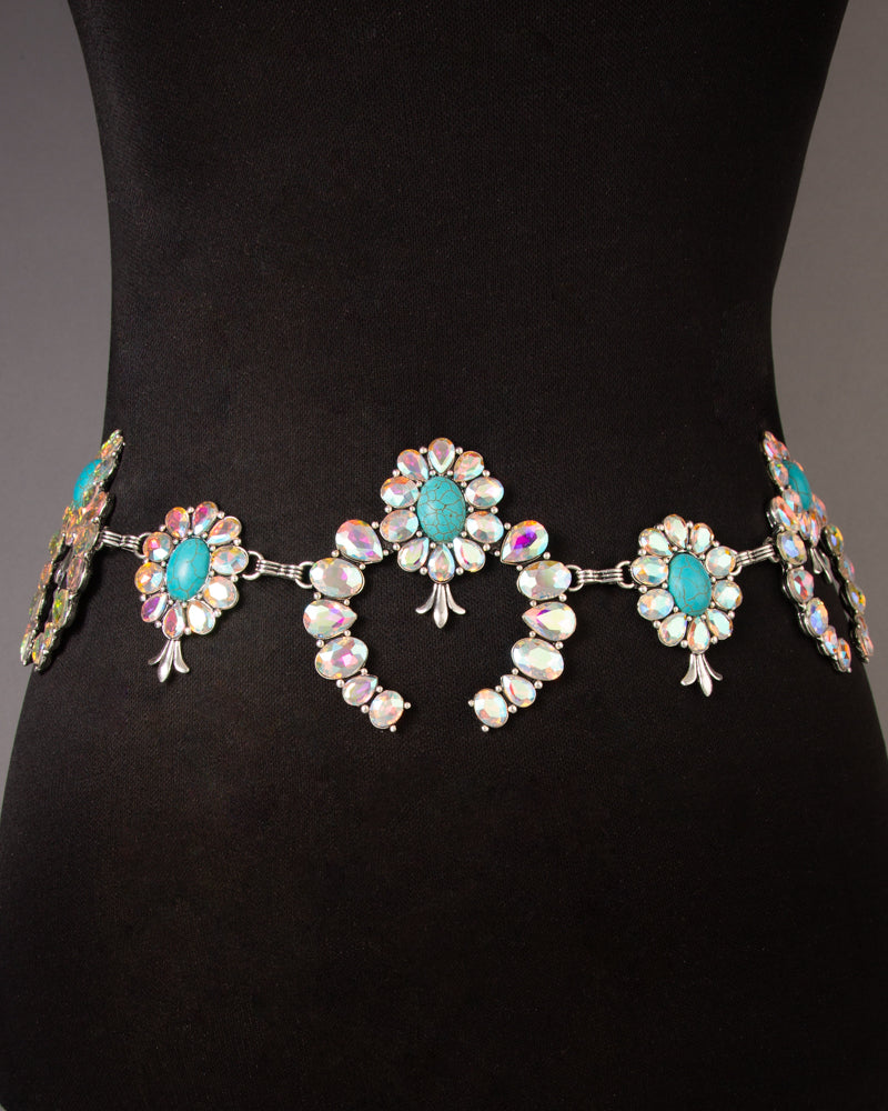 Stella Western Crystal Stone Squash Blossom Chain Link Belt | Silver