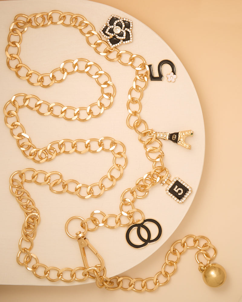 Harper Fashionista Rhinestone Camellia Flower Charm Chain Belt | Black & Gold