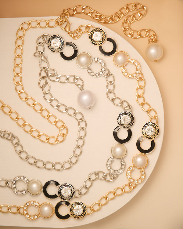 Ariella Greek Key Fashionista Crystal Pearl Chain Link Belt