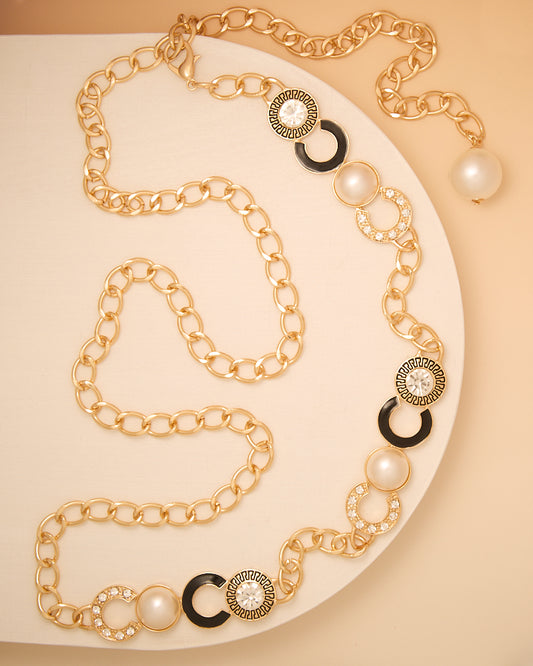Ariella Greek Key Fashionista Crystal Pearl Chain Link Belt | Gold