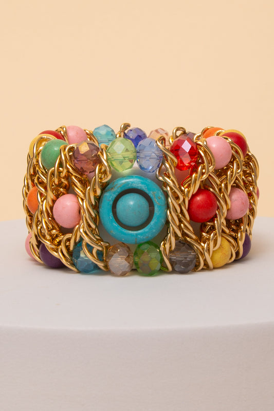 Alice Multicolor Stone Beaded and Chain Link Stretch Bracelet | Multicolor