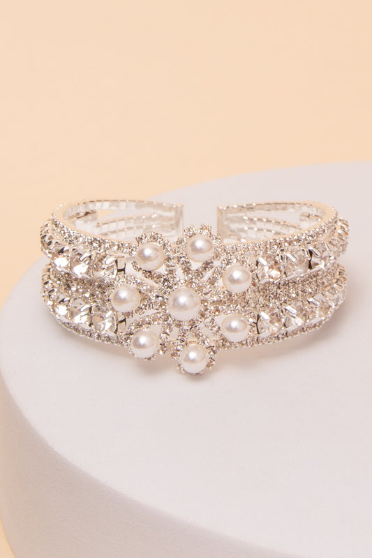 Ariel Pearl Flower Cluster Rhinestone Cuff Bracelet