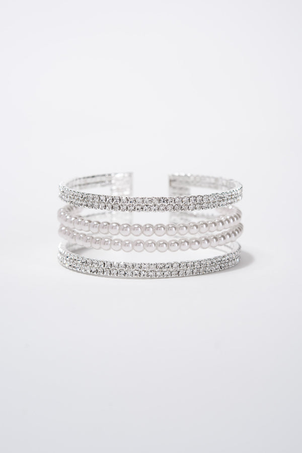 Iris Bridal Rhinestone Pearl Multi layer 3 Row Cuff - Silver Pearl