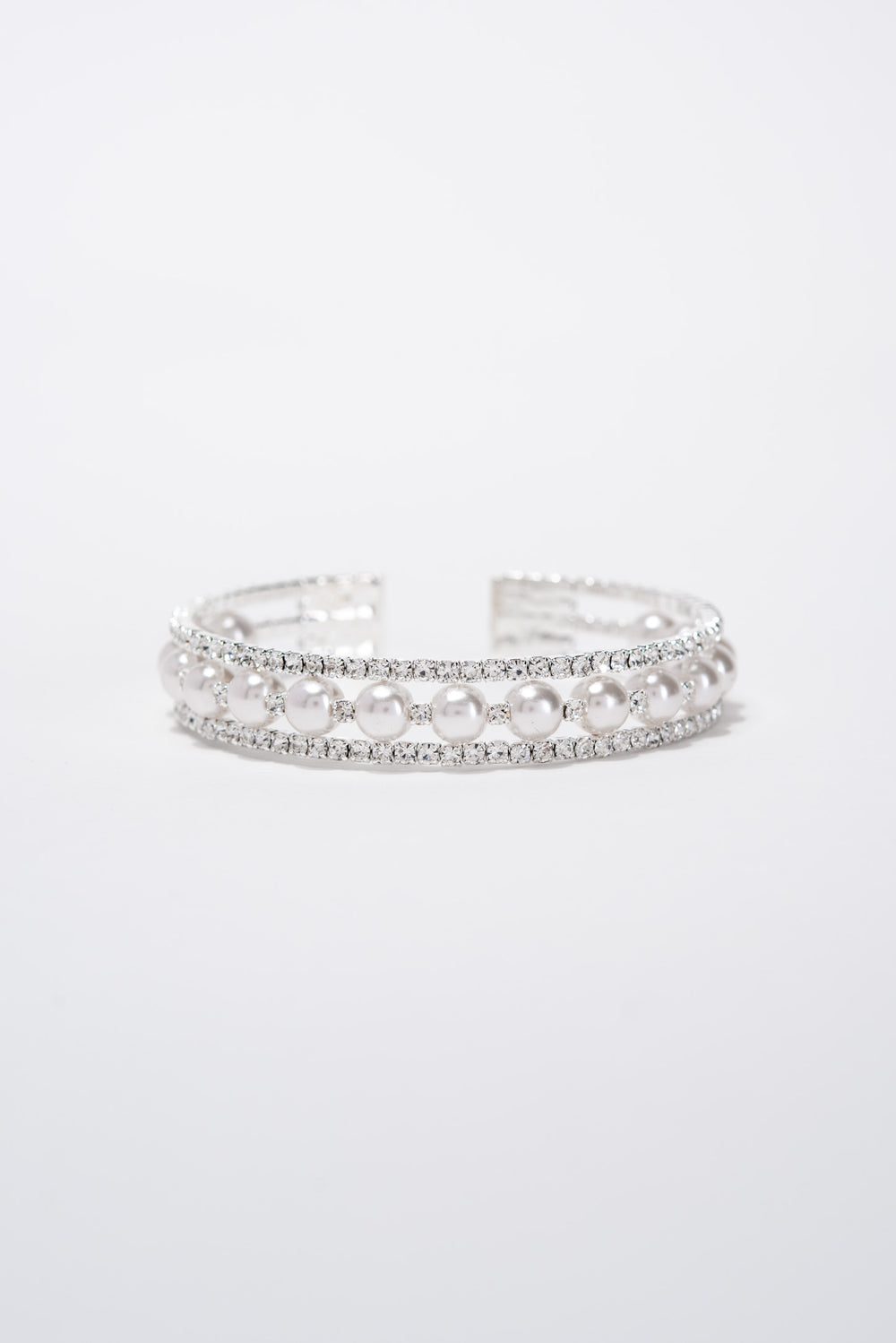 Maeve 3 Line Crystal Rhinestone Pearl Cuff Bracelet - Silver