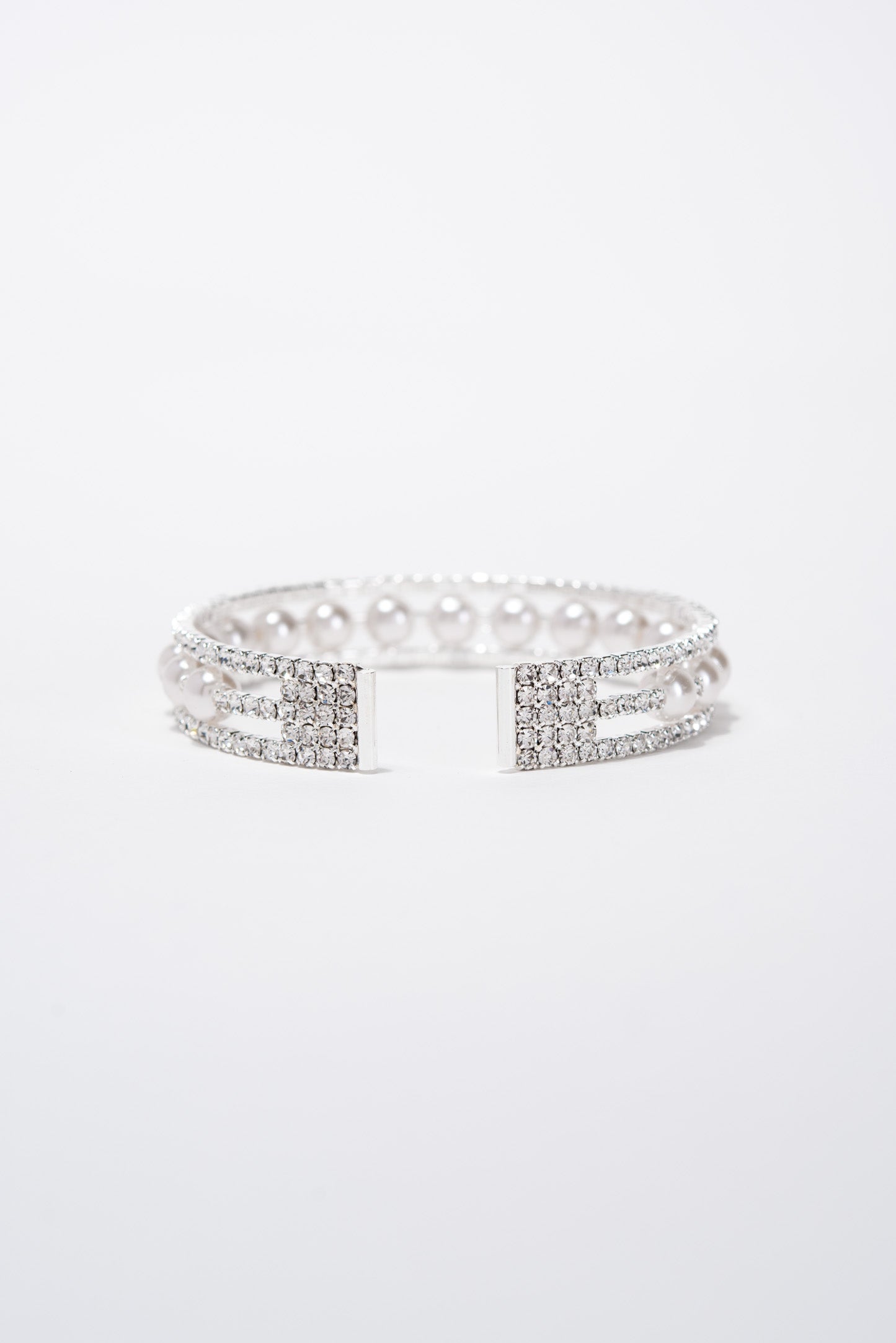 Maeve 3 Line Crystal Rhinestone Pearl Cuff Bracelet - Silver