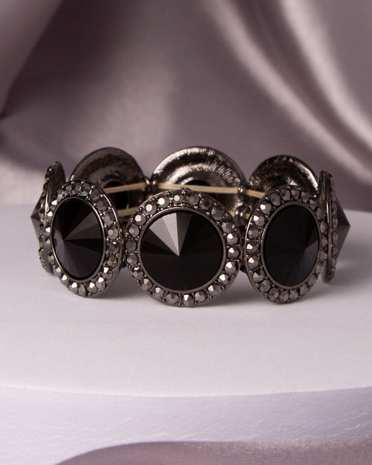 Greta Rhinestone Bezeled Round Cut Crystal Stretch Bracelet | Black