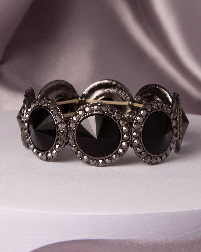 Greta Rhinestone Bezeled Round Cut Crystal Stretch Bracelet | Black