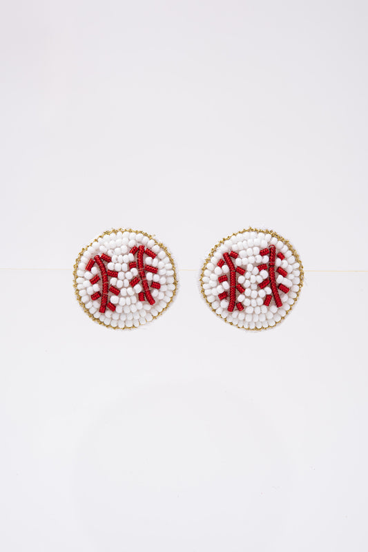Gia Baseball Beaded Embroidery Stud Earrings - White