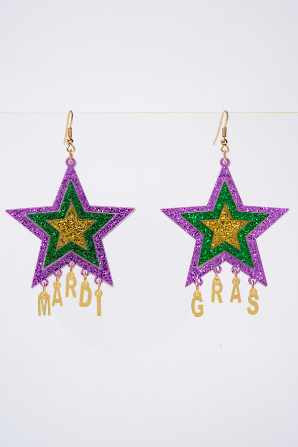 Drea Mardi Gras Dangling Charm Glitter Star Earrings