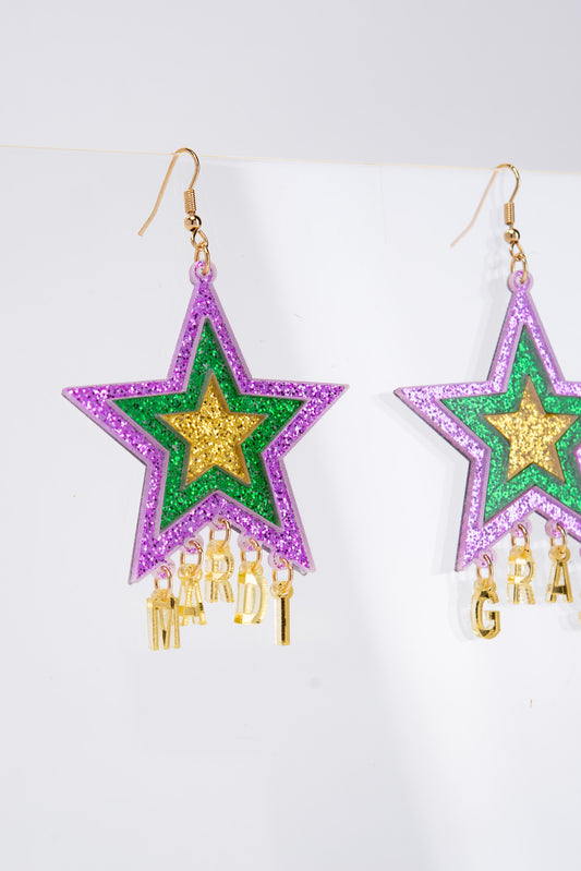 Drea Mardi Gras Dangling Charm Glitter Star Earrings