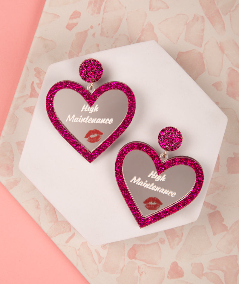 Genevie High Maintenance Heart Shaped Glitter Earrings | Fuchsia