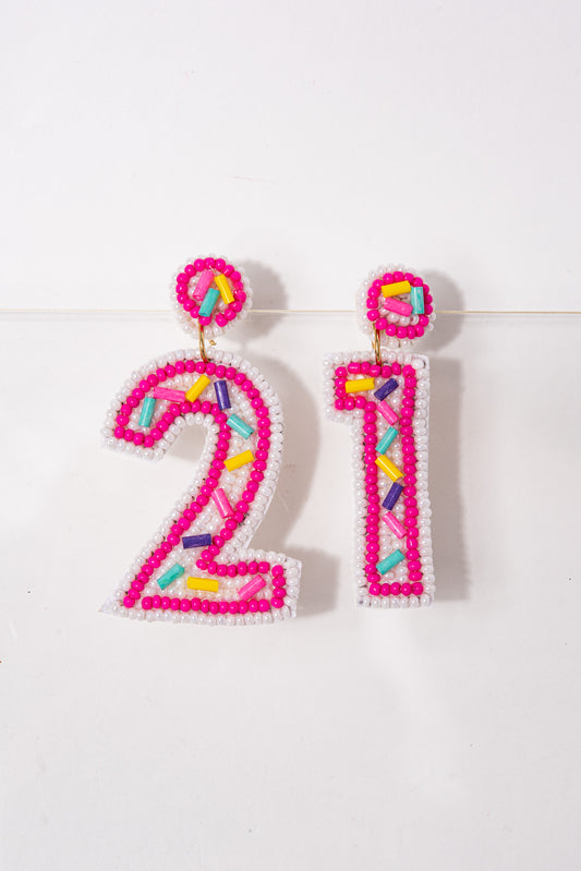 Birthday "21" Cake Beaded Dangle Earrings - Fuchsia