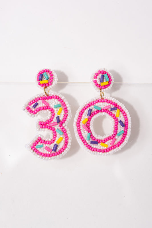 Birthday "30" Cake Beaded Dangle Earrings - Pink