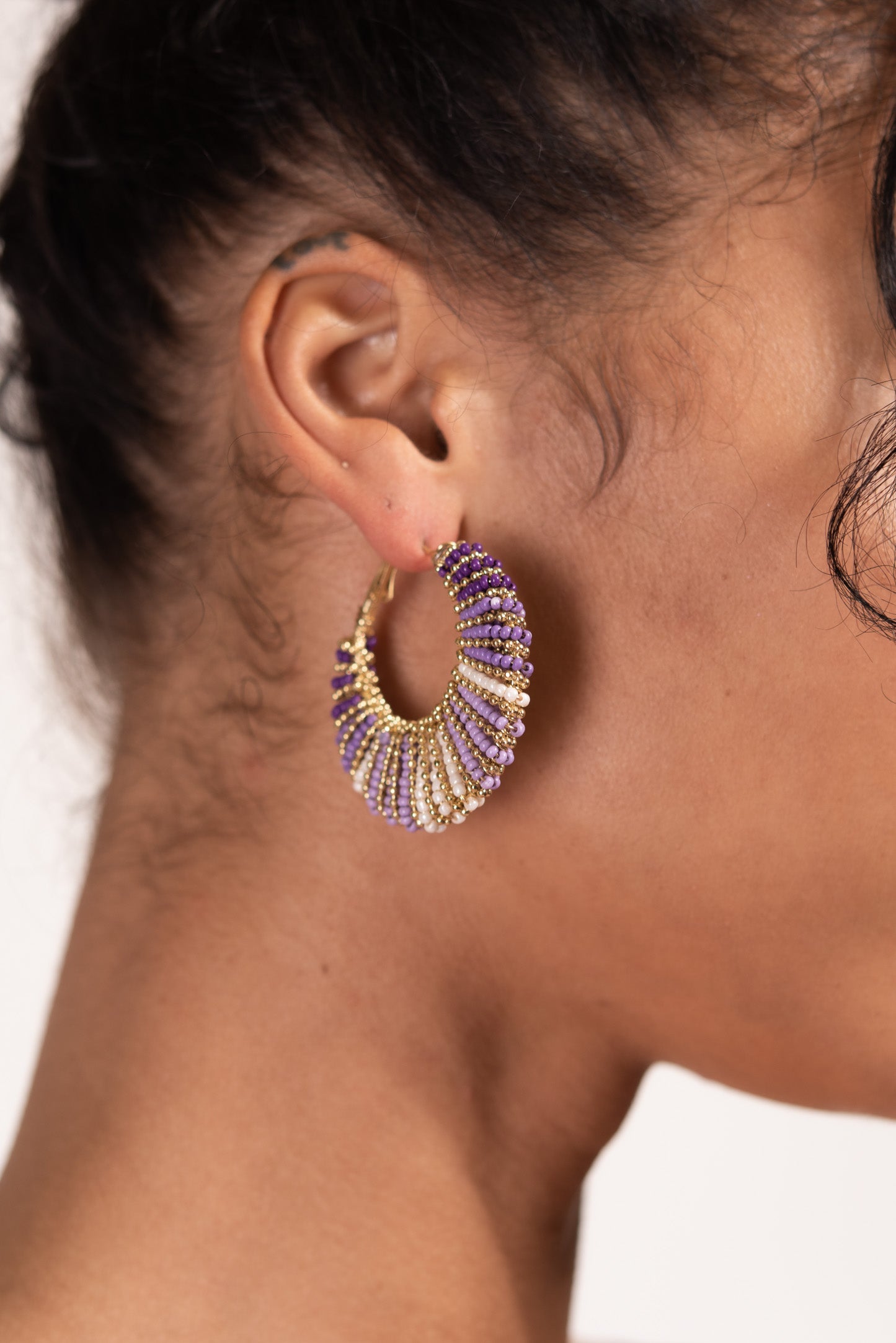 Zaria Beaded Multicolor Boho Crescent Hoop Earrings - Purple
