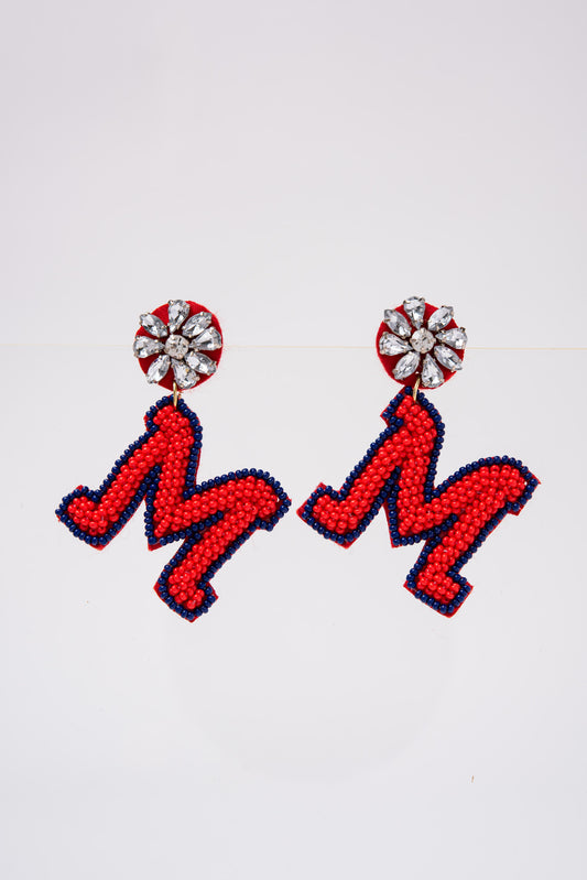 M University Beaded Dangle Earrings - Red