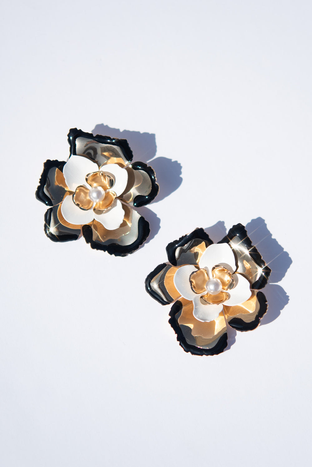 Allegra Floral Pearl Contrast Trim Enamel Coated Earrings - Black