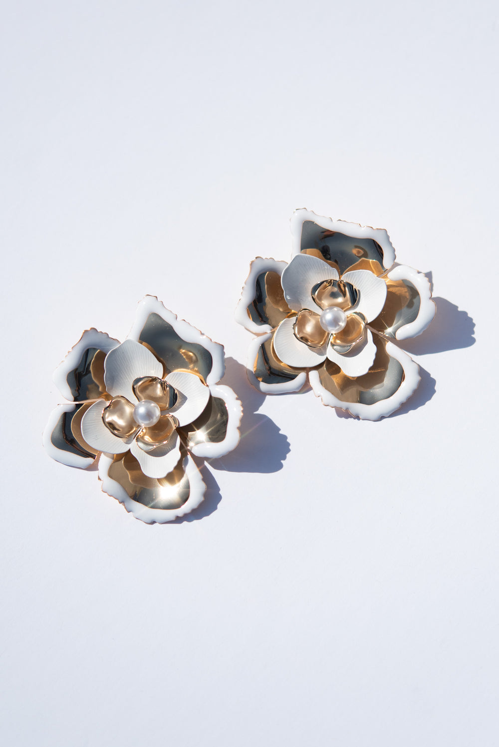 Allegra Floral Pearl Contrast Trim Enamel Coated Earrings - White