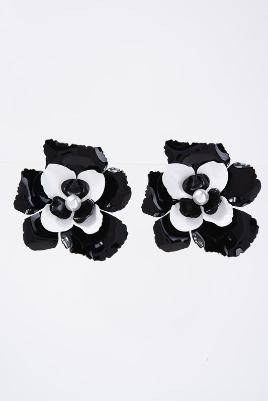 Allegra Floral Pearl Contrast Trim Enamel Coated Earrings - Black