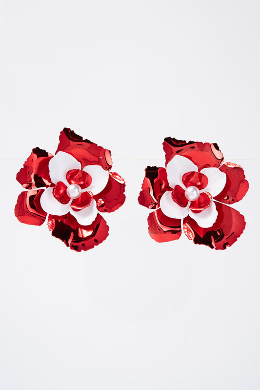 Allegra Floral Pearl Contrast Trim Enamel Coated Earrings - Red