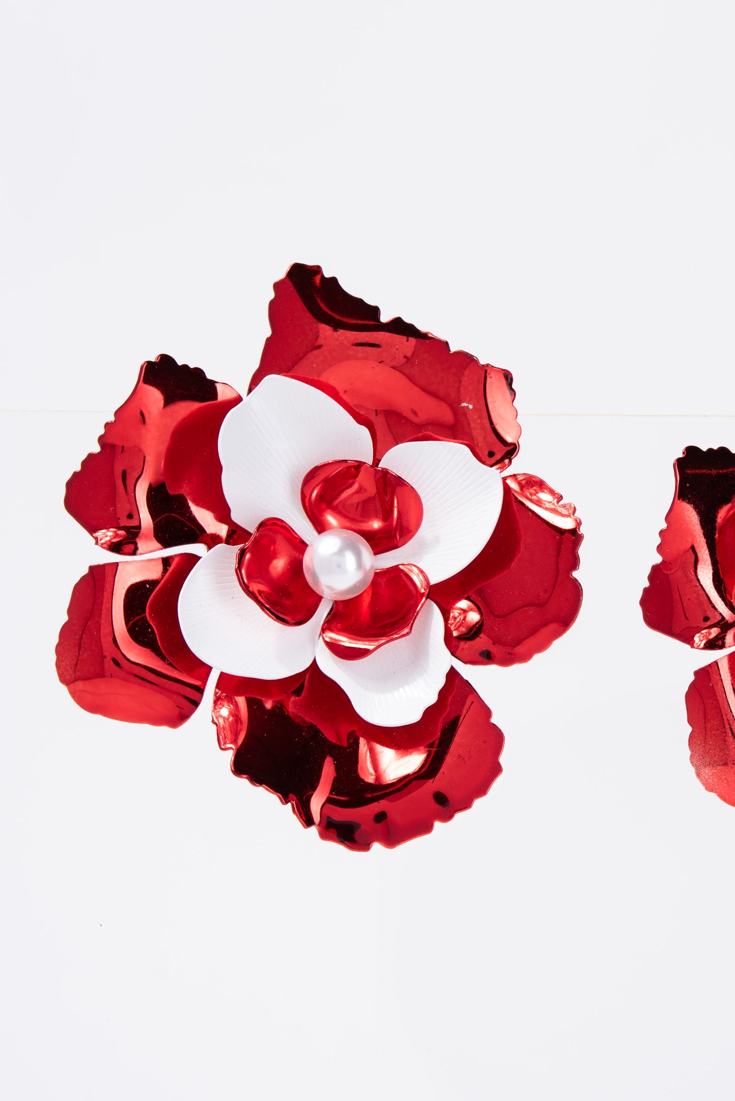 Allegra Floral Pearl Contrast Trim Enamel Coated Earrings - Red