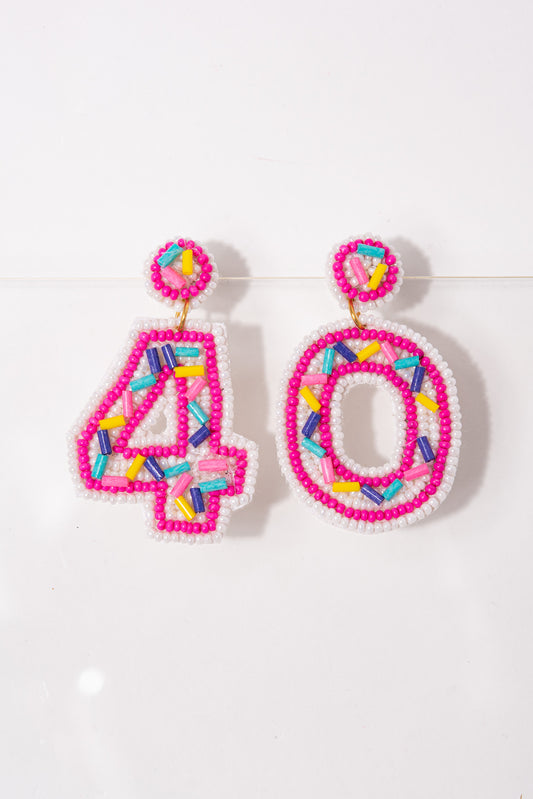 Birthday "40" Cake Beaded Dangle Earrings - Fuchsia