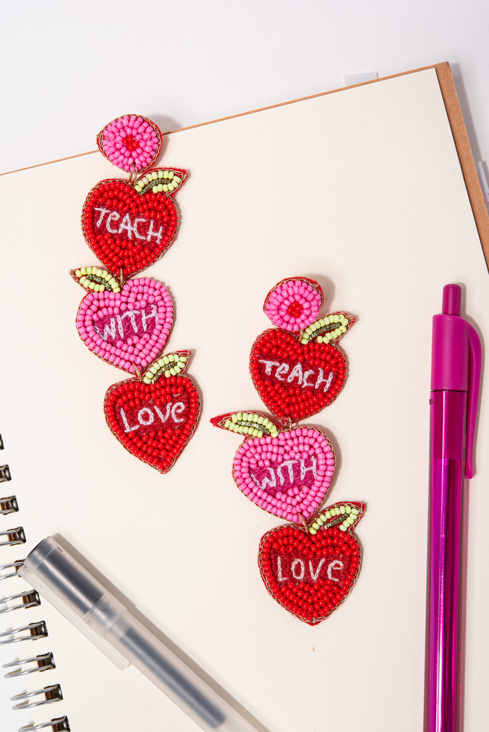 Amy "Teach with Love" Beaded Dangle Earrings - Red