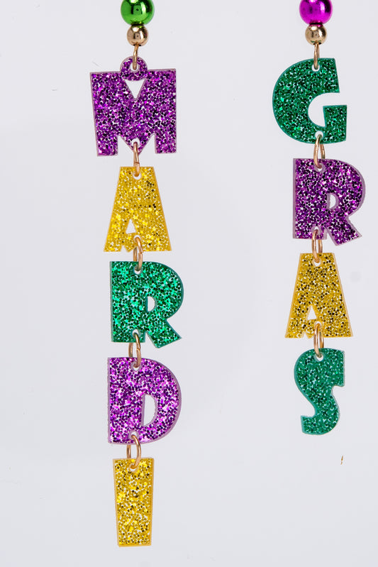 Mardi Gras Glitter Acetate Drop Letter Earrings
