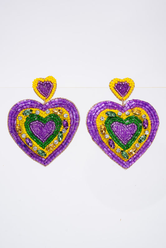 Oaklyn Mardi Gras Heart Shaped Beaded Earrings
