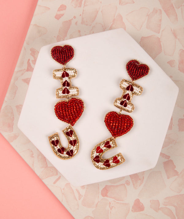 Catherine I Love U Beaded Valentines Letter Earrings